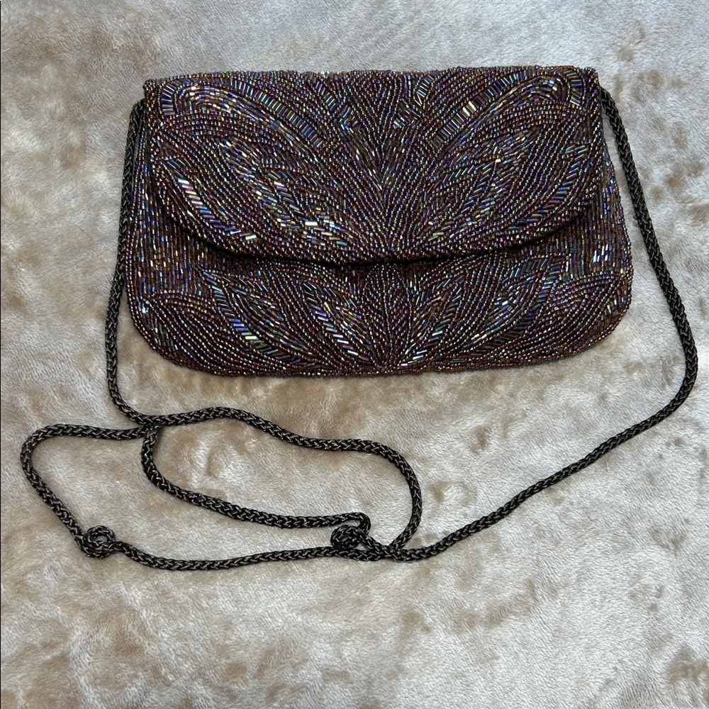 Elegant Beaded Evening Bag - Brown